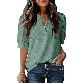 Women's Casual V-Neck Short Sleeve T-Shirt Hollow Out Puff Sleeve Solid Color Shirt