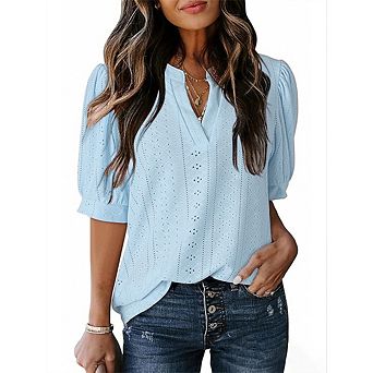 Women's Casual V-Neck Short Sleeve T-Shirt Hollow Out Puff Sleeve Solid Color Shirt