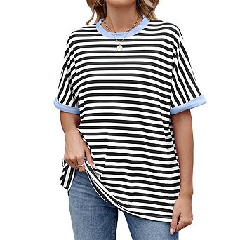 Women's Casual Striped Color Block Crew Neck T Shirt Basic Loose Fit Sporty Short Sleeve Top