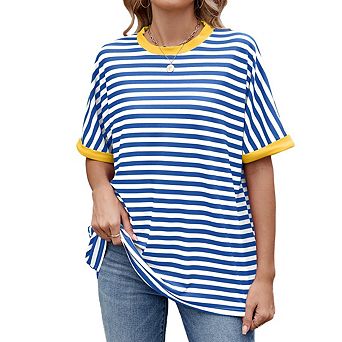 Women's Casual Striped Color Block Crew Neck T Shirt Basic Loose Fit Sporty Short Sleeve Top