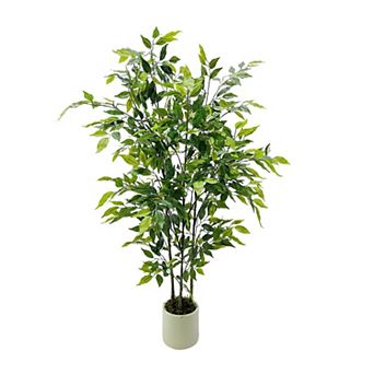 Artificial Ficus Tree,Silk Fake Ficus Leaf Plant with White Imitation Ceramic Planter,Indoor Outdoor