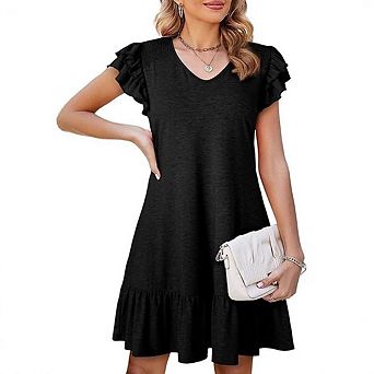 Women Dresses V Neck Cap Sleeve Ruffle Hem Smocked Textured Dress Casual A-line Dress
