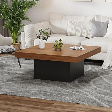 35 Inch Square Coffee Table, Farmhouse Wood Small Living Room Table with Leg Lights