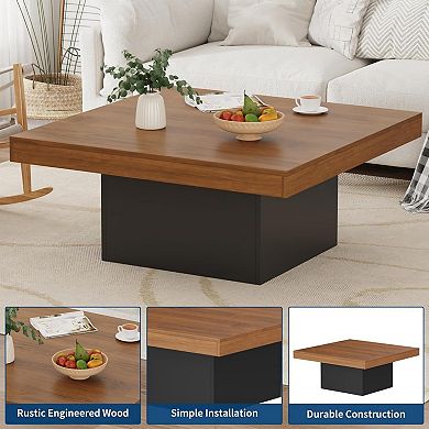 35 Inch Square Coffee Table, Farmhouse Wood Small Living Room Table with Leg Lights