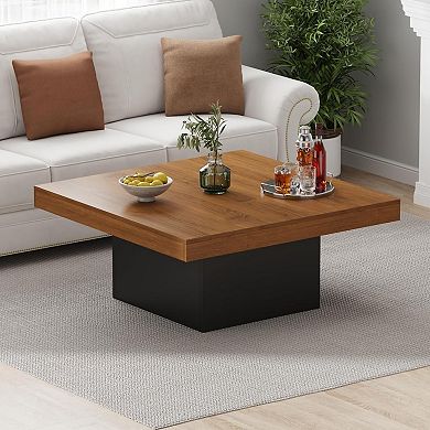 35 Inch Square Coffee Table, Farmhouse Wood Small Living Room Table with Leg Lights