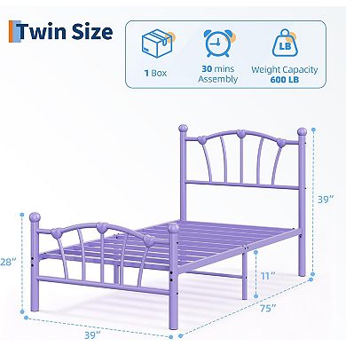 Girls' Metal Platform Bed Frame with Heart Design - Heavy-Duty, Noise-Free, Easy Assembly