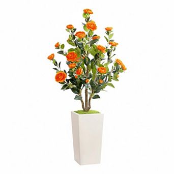 4ft Artificial Camellia Tree with Flowers, Realistic Faux Flowering Plant for Indoor/Outdoor Decor