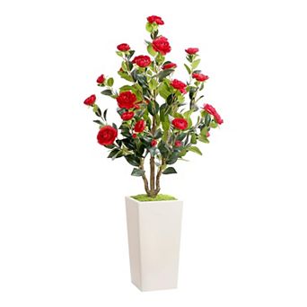 4ft Artificial Camellia Tree with Flowers, Realistic Faux Flowering Plant for Indoor/Outdoor Decor