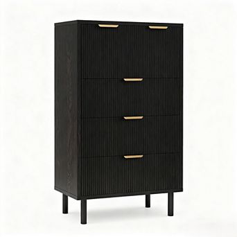 Black Wave Fluted 5 Drawer Dresser for Bedroom, Modern Wood Chest of Drawers with Wide Drawers