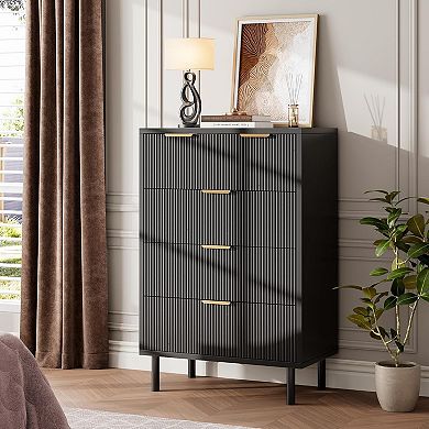 Black Wave Fluted 5 Drawer Dresser for Bedroom, Modern Wood Chest of ...