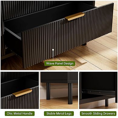 Black Wave Fluted 5 Drawer Dresser for Bedroom, Modern Wood Chest of ...