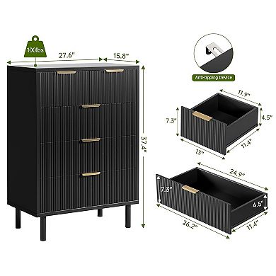 Black Wave Fluted 5 Drawer Dresser for Bedroom, Modern Wood Chest of ...