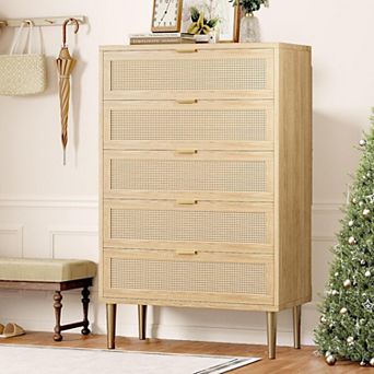 Rattan 5 Drawer Dresser, Modern Chest of Drawers with Gold Legs and Gold Handles, Tall Dresser