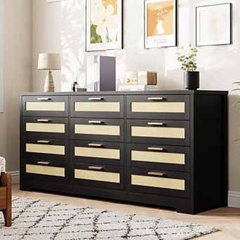 12 Drawer Dresser for Bedroom, Modern Rattan Chest of Drawers, Wood Storage Organizer with Rattan