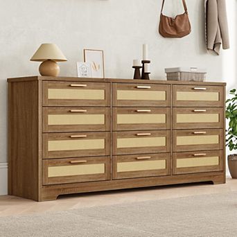 12 Drawer Dresser for Bedroom, Modern Rattan Chest of Drawers, Wood Storage Organizer with Rattan