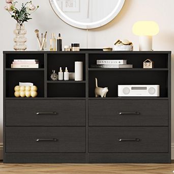 2 pc Bedroom Dresser with 4 Drawers & 6 Open Shelves, Modern Wood Storage Cabinet for Living Room
