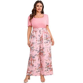Plus Size Women's Color Block Print Jumpsuit Solid Color Short Sleeve and Top Wide Leg Pants