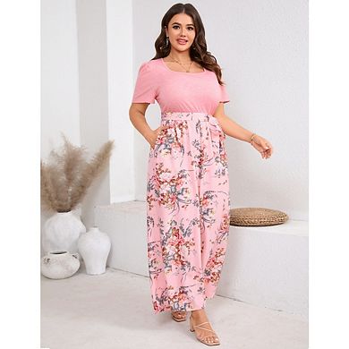 Plus Size Women's Color Block Print Jumpsuit Solid Color Short Sleeve and Top Wide Leg Pants
