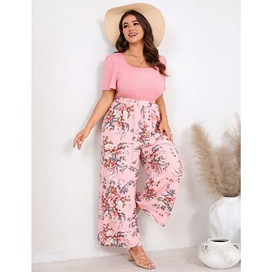 Plus Size Women's Color Block Print Jumpsuit Solid Color Short Sleeve and Top Wide Leg Pants