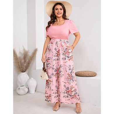Plus Size Women's Color Block Print Jumpsuit Solid Color Short Sleeve and Top Wide Leg Pants