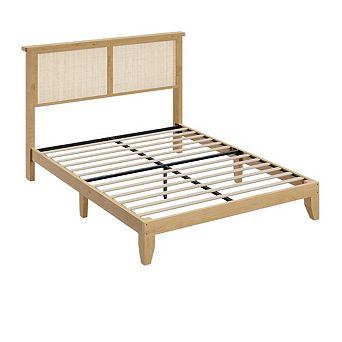 Boho Rattan Bed Frame with Natural Headboard - LED Lights, Wood Silent Slats, Noise-Free