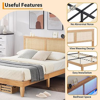 Boho Rattan Bed Frame with Natural Headboard - LED Lights, Wood Silent Slats, Noise-Free