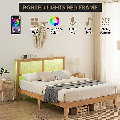 Boho Rattan Bed Frame with Natural Headboard - LED Lights, Wood Silent Slats, Noise-Free