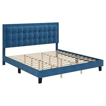 Upholstered Low Platform Bed Frame with Tufted Headboard - Wooden Slat Support, No Box Spring