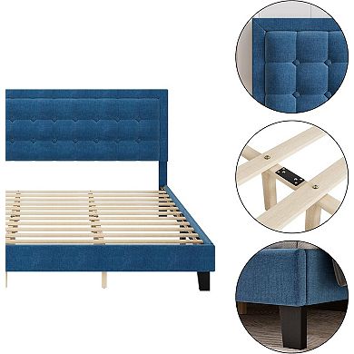 Upholstered Low Platform Bed Frame with Tufted Headboard - Wooden Slat Support, No Box Spring
