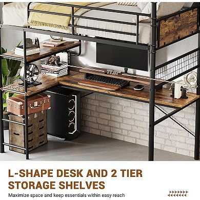 ANIXOL Twin Loft Bunk Bed with L-Shaped Desk and Shelves