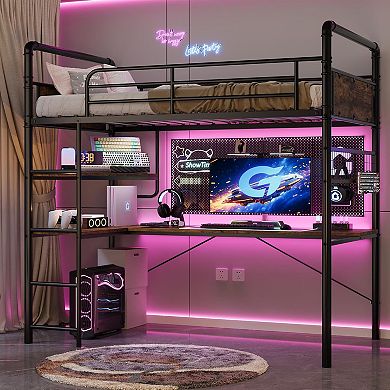 ANIXOL Twin Loft Bunk Bed with L-Shaped Desk and Shelves