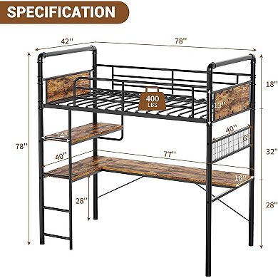 ANIXOL Twin Loft Bunk Bed with L-Shaped Desk and Shelves