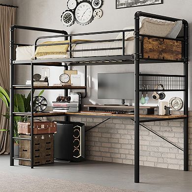 ANIXOL Twin Loft Bunk Bed with L-Shaped Desk and Shelves