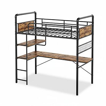 ANIXOL Twin Loft Bunk Bed with L-Shaped Desk and Shelves
