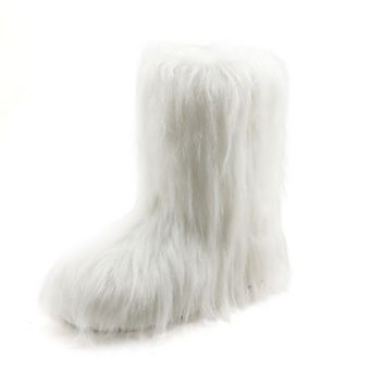 Women’s Faux Fur Mid-Calf Winter Boots with Plush Shaggy Texture and Flat Sole