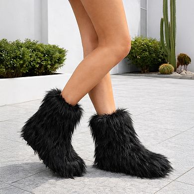 Women’s Faux Fur Mid-Calf Winter Boots with Plush Shaggy Texture and Flat Sole