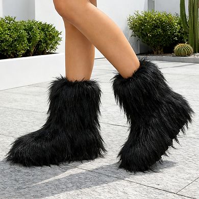 Women’s Faux Fur Mid-Calf Winter Boots with Plush Shaggy Texture and Flat Sole