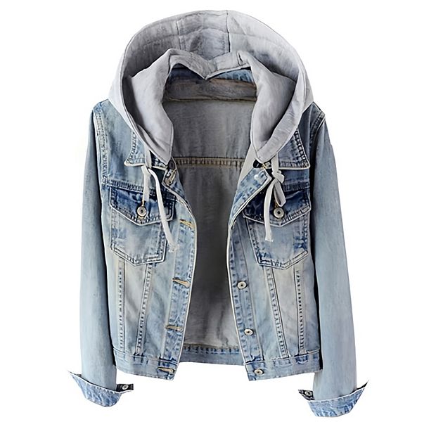 Women Casual Denim Jacket with Detachable Hoodie