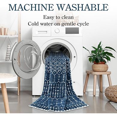 2x3 Moroccan Non-Slip Entryway Rug, Blue Geometric