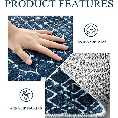 2x3 Moroccan Non-Slip Entryway Rug, Blue Geometric