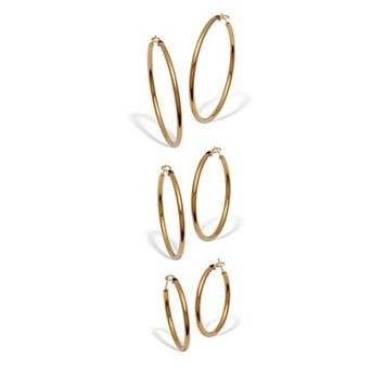 PalmBeach Jewelry 3 Pair Gold Ion-Plated Stainless Steel Hoop Earrings