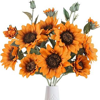 Artificial Orange Sunflowers, 3 pc Faux Silk Flowers with Long Stems