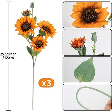 Artificial Orange Sunflowers, 3PCS Faux Silk Flowers with Long Stems