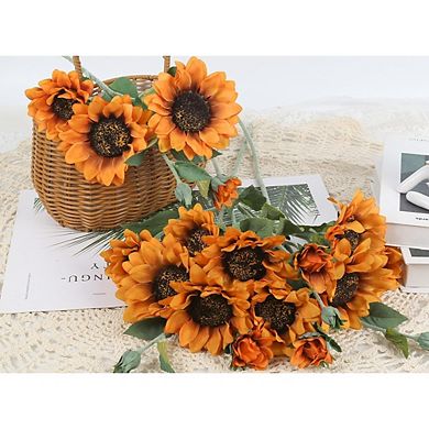 Artificial Orange Sunflowers, 3PCS Faux Silk Flowers with Long Stems