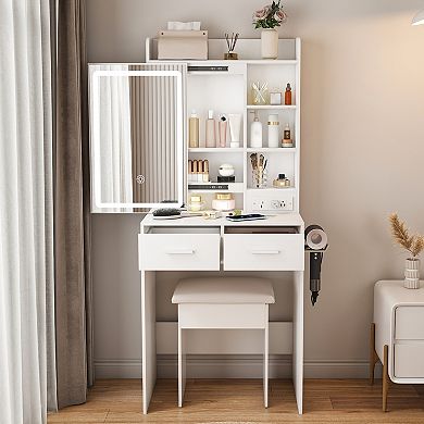 TEINIE Small Makeup Vanity Desk with Mirror Adjustable LED Lights White