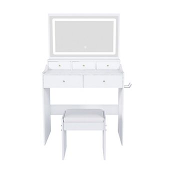 TEINIE Large Mirror Vanity Desk with LED Lights Power Outlet Hair Dryer Holder 5 Drawers White
