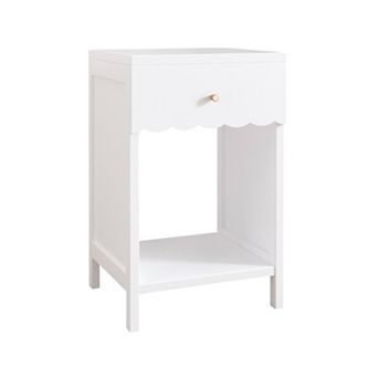 TEINIE Modern White Nightstand with Drawer Open Shelf Scalloped Edge Bedside Table