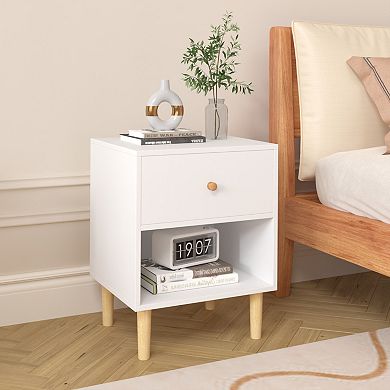 TEINIE 23" White Wooden Nightstand with One Drawer One Shelf