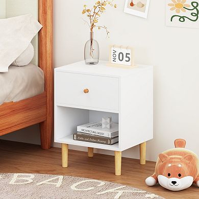 TEINIE 23" White Wooden Nightstand with One Drawer One Shelf