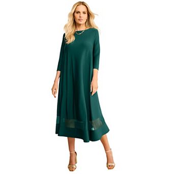 Roaman's Women's Plus Size 3/4 Sleeve Mesh Inset Boatneck Dress